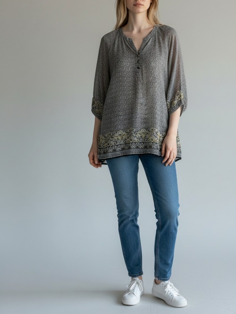 NWT Liz Claiborne Printed Tunic with Border Detail Womens XL Brown Boho Retro 90